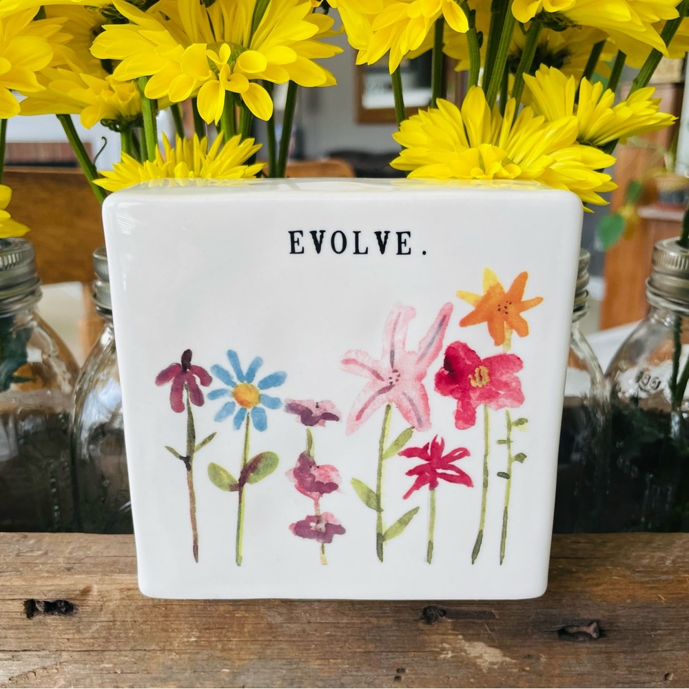 Rae Dunn•EVOLVE.•Original Watercolor Floral•4”x 4” Ceramic Statement Piece🌼